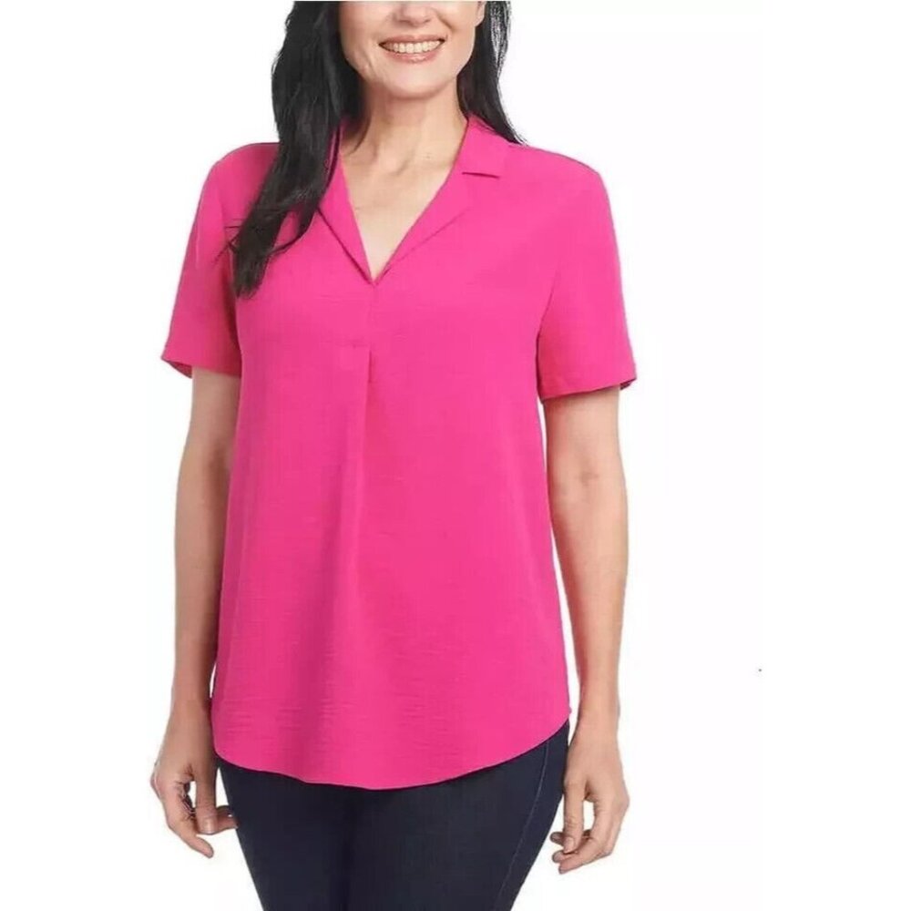Hilary Radley Ladies' Blouse Short Sleeve V-Neck (Pink, XX-Large)